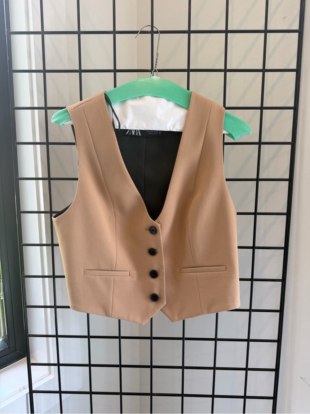 Zara Tan Sleeveless Tailored Vest with Button Front